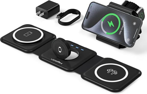 UCOMX 3 in 1 Charging Station for Multple Devices,Foldable 3 in 1 Wireless Charger for Travel,Nano Wireless Charging Station for iPhone 15 14 13 12 Pro Max/Watch 9 8 7 6 5 4 3 Ultra/AirPod Pro