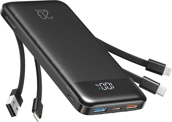 Charmast Power Bank 20000mAh, 20W Fast Charging Portable Charger with Built-in Cables, USB C Battery Pack, Slim Portable Phone Charger Backup Battery for iPhone, Samsung, iPad, More Phones, Tablets