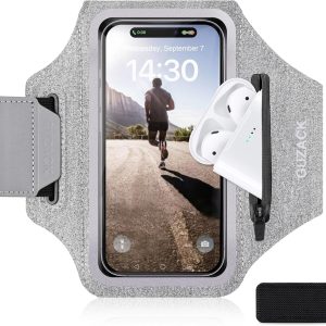GUZACK Running Armband Case for iPhone 15/14/13/12/11 Pro Max, Galaxy S24/S23/S22, Universal Cell Phone Arm Holder with Key Pocket & Card Slot, Gray
