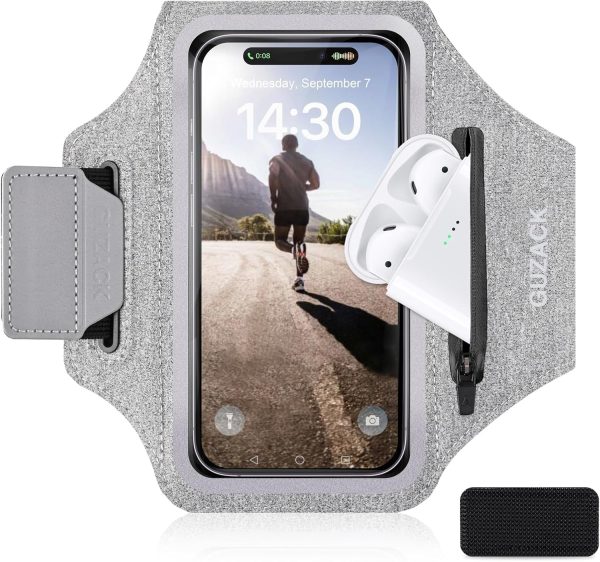 GUZACK Running Armband Case for iPhone 15/14/13/12/11 Pro Max, Galaxy S24/S23/S22, Universal Cell Phone Arm Holder with Key Pocket & Card Slot, Gray
