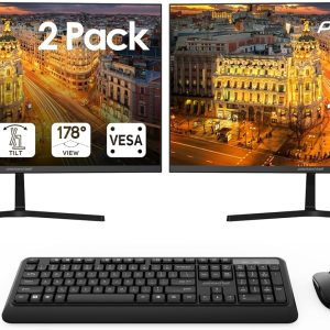 Packard Bell 24 Inch Computer Monitor FHD 1920 x 1080 , 75 Hertz, 5 MS, Dual Monitor, Wireless Keyboard and Mouse, VESA, VGA and HDMI Monitor, Basic and Gaming Monitor – 2 Pack