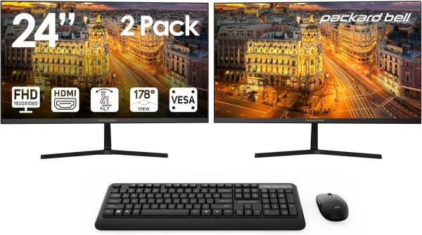 Packard Bell 24 Inch Computer Monitor FHD 1920 x 1080 , 75 Hertz, 5 MS, Dual Monitor, Wireless Keyboard and Mouse, VESA, VGA and HDMI Monitor, Basic and Gaming Monitor – 2 Pack