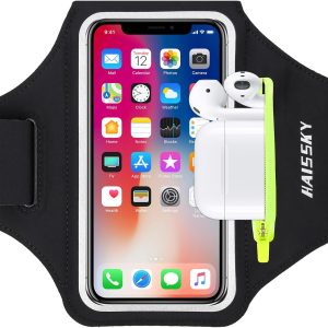 Running Armband with Airpods Bag Cell Phone Armband for iPhone 14 13 Pro 14 Plus 12 11 XR XS, Galaxy S20/S10 Water Resistant Sports Phone Holder Case & Zipper Slot Car Key Holder for 6.5 inch Phone